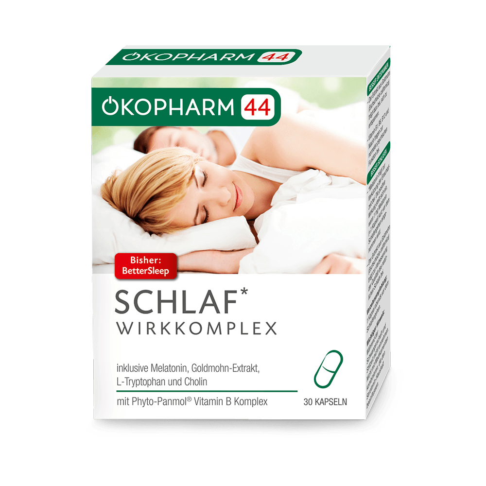 Ökopharm44® Schlaf Wirkkomplex für innere Ruhe und besseren Schlaf – mit Melatonin, und Vitamin B Komplex aus hochwertigen Quinoa-Keimlingen.
